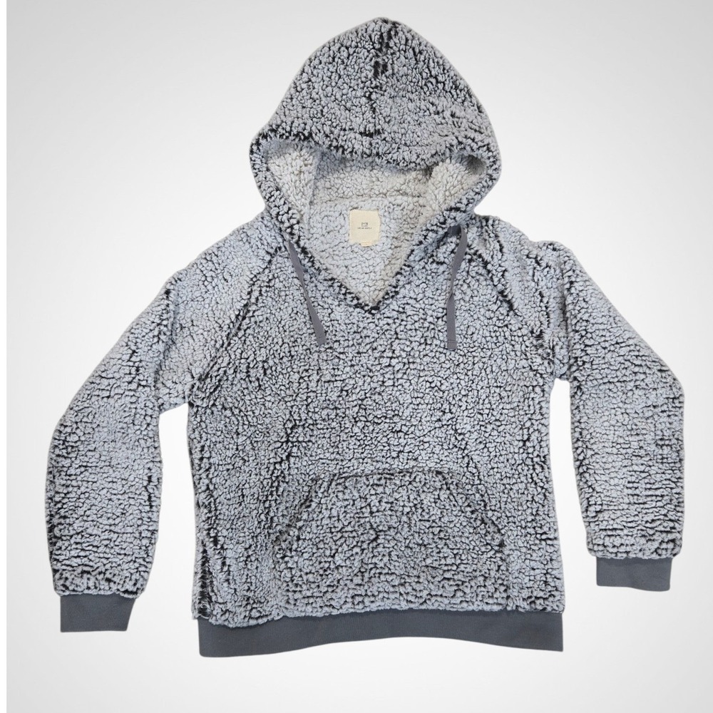 Thread & Supply Gray White Sherpa Fleece Hoodie Pullover Kangaroo Pocket Large